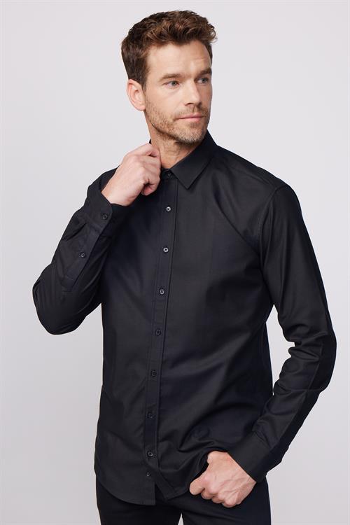 Modern Fit Uzun Kollu %100 Pamuk Armürlü Premium Erkek Siyah Gömlek