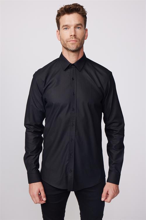 Modern Fit Uzun Kollu %100 Pamuk Armürlü Premium Erkek Siyah Gömlek