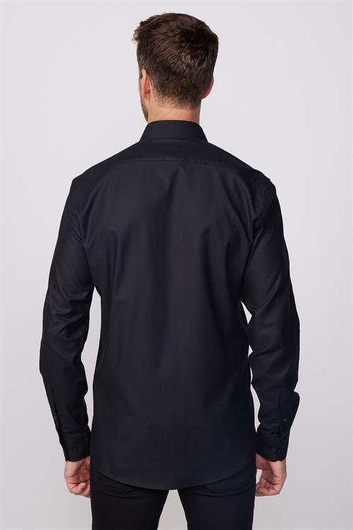 Modern Fit Uzun Kollu %100 Pamuk Armürlü Premium Erkek Siyah Gömlek