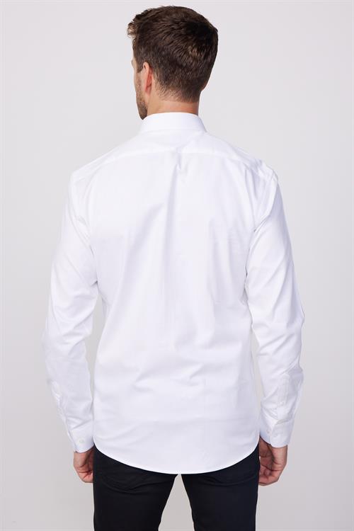 Modern Fit Uzun Kollu %100 Pamuk Armürlü Premium Erkek Beyaz Gömlek
