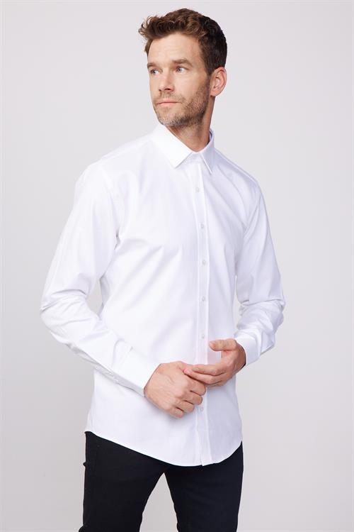 Modern Fit Uzun Kollu %100 Pamuk Armürlü Premium Erkek Beyaz Gömlek