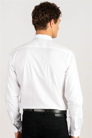 Modern Fit Uzun Kollu %100 Pamuk Armürlü Premium Erkek Beyaz Gömlek