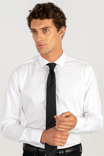 Modern Fit Uzun Kollu %100 Pamuk Armürlü Premium Erkek Beyaz Gömlek