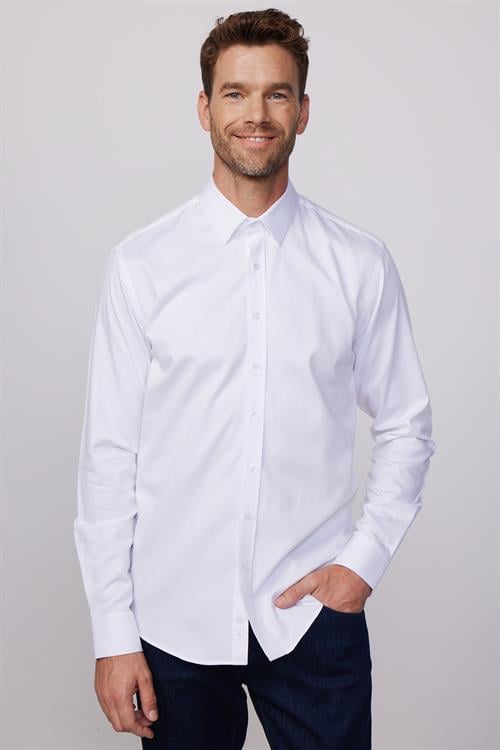 Modern Fit Uzun Kollu %100 Pamuk Armürlü Premium Erkek Beyaz Gömlek
