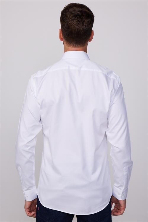 Modern Fit Uzun Kollu %100 Pamuk Armürlü Premium Erkek Beyaz Gömlek