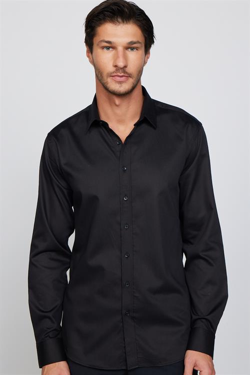 Modern Fit Uzun Kollu %100 Pamuk Armürlü Premium Siyah Erkek Gömlek