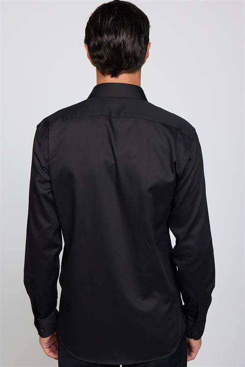 Modern Fit Uzun Kollu %100 Pamuk Armürlü Premium Siyah Erkek Gömlek