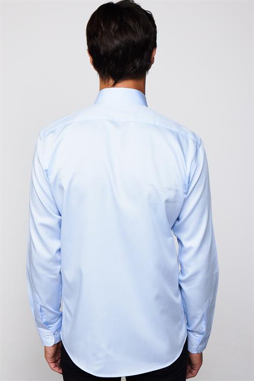 Modern Fit Uzun Kollu %100 Pamuk Armürlü Premium Mavi Erkek Gömlek