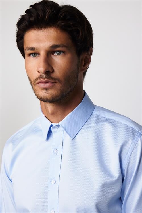 Modern Fit Uzun Kollu %100 Pamuk Armürlü Premium Mavi Erkek Gömlek