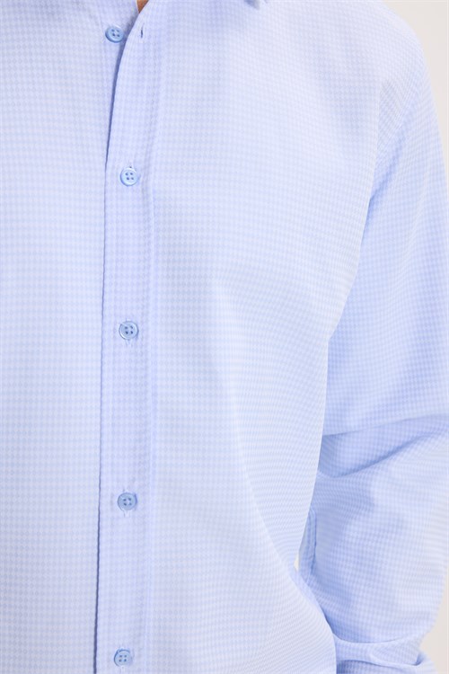Modern Slim Fit Uzun Kollu Pamuklu Kolay Ütü Armürlü Erkek Mavi Gömlek
