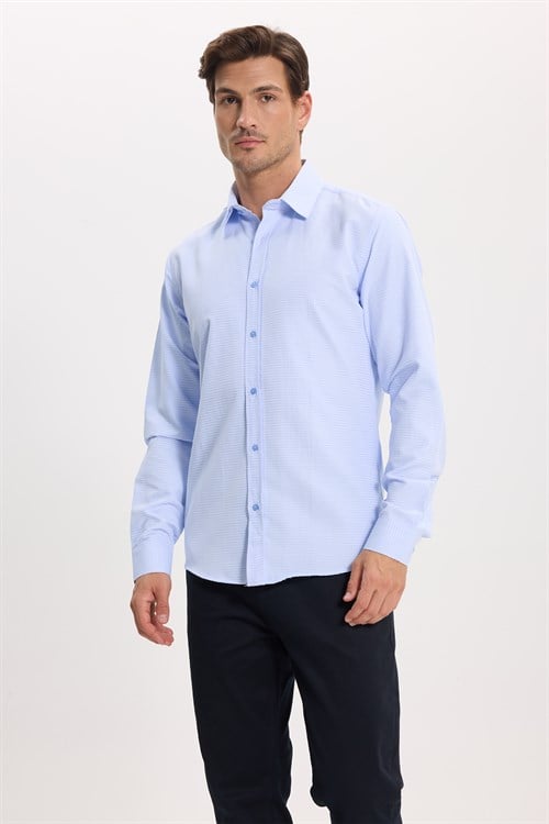 Modern Slim Fit Uzun Kollu Pamuklu Kolay Ütü Armürlü Erkek Mavi Gömlek