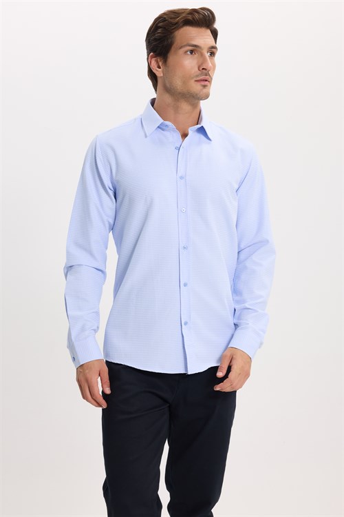 Modern Slim Fit Uzun Kollu Pamuklu Kolay Ütü Armürlü Erkek Mavi Gömlek