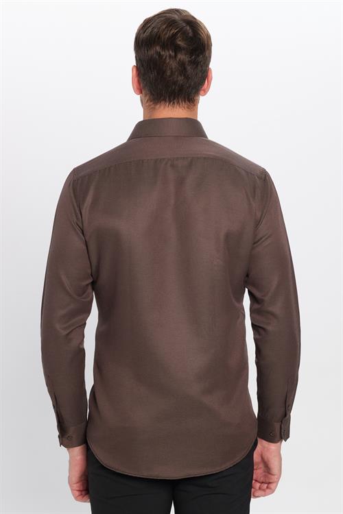 Modern Slim Fit Uzun Kollu Pamuklu Kolay Ütü Armürlü Erkek Kahve Gömlek