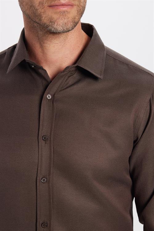 Modern Slim Fit Uzun Kollu Pamuklu Kolay Ütü Armürlü Erkek Kahve Gömlek