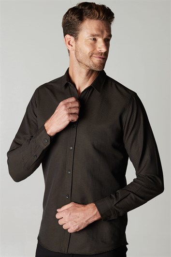 Modern Slim Fit Uzun Kollu Pamuklu Kolay Ütü Armürlü Erkek Haki Gömlek
