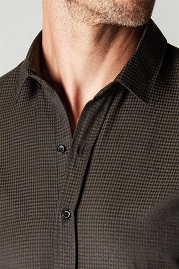 Modern Slim Fit Uzun Kollu Pamuklu Kolay Ütü Armürlü Erkek Haki Gömlek