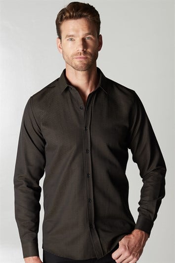 Modern Slim Fit Uzun Kollu Pamuklu Kolay Ütü Armürlü Erkek Haki Gömlek
