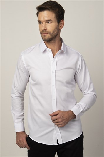 Modern Slim Fit Uzun Kollu Pamuklu Kolay Ütü Armürlü Erkek Beyaz Gömlek