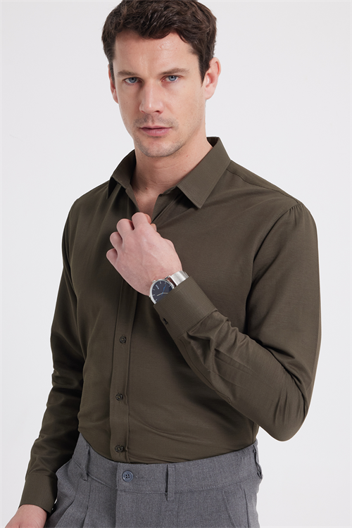 Modern Slim Fit Pamuklu Kolay Ütü Armürlü Erkek Gömlek
