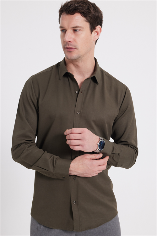 Modern Slim Fit Pamuklu Kolay Ütü Armürlü Erkek Gömlek