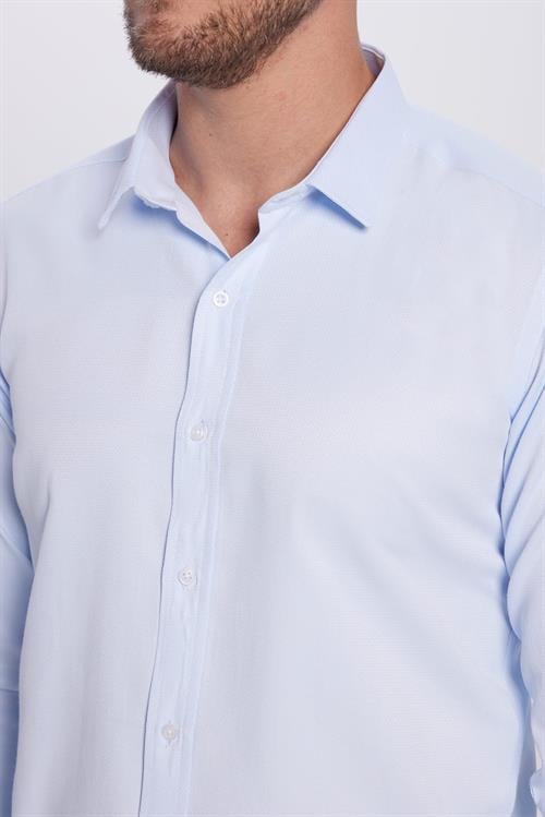 Erkek Modern Fit Dar Kesim Pamuklu Kolay Ütü Armürlü Mavi Gömlek