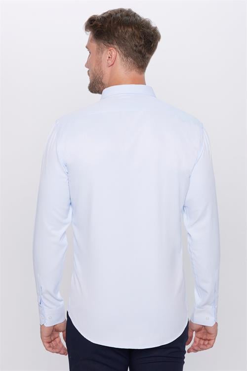 Erkek Modern Fit Dar Kesim Pamuklu Kolay Ütü Armürlü Mavi Gömlek