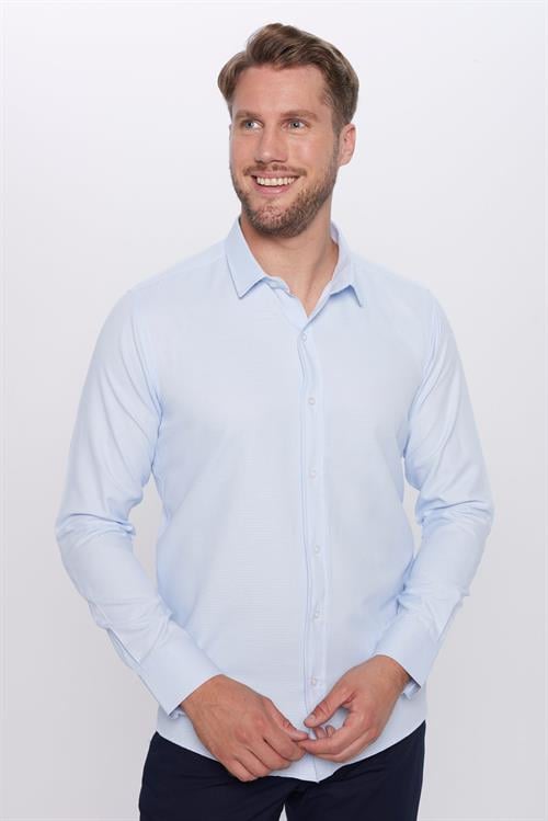 Erkek Modern Fit Dar Kesim Pamuklu Kolay Ütü Armürlü Mavi Gömlek