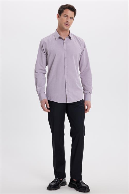 Modern Slim Fit Uzun Kollu Pamuklu Kolay Ütü Armürlü Gül Kurusu Erkek Gömlek