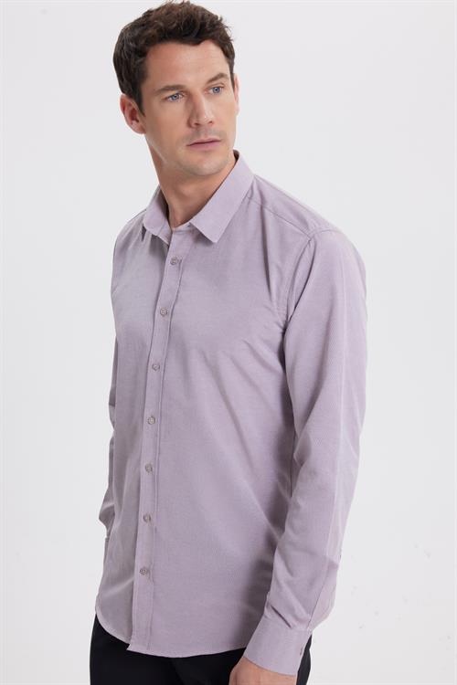 Modern Slim Fit Uzun Kollu Pamuklu Kolay Ütü Armürlü Gül Kurusu Erkek Gömlek