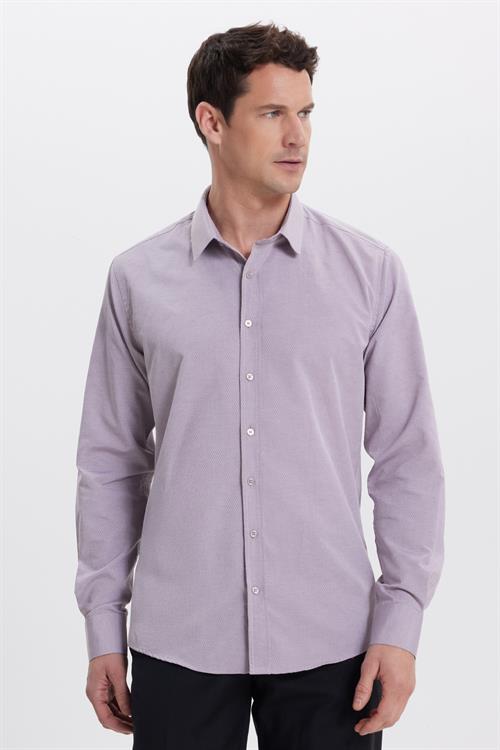 Modern Slim Fit Uzun Kollu Pamuklu Kolay Ütü Armürlü Gül Kurusu Erkek Gömlek