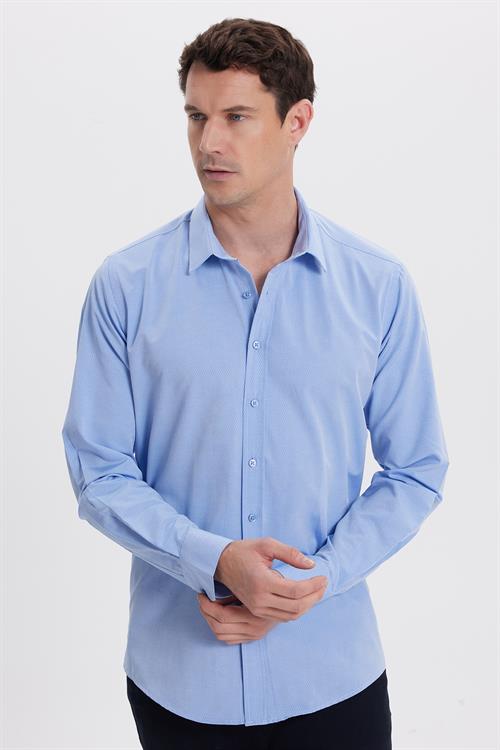 Erkek Modern Fit Dar Kesim Pamuklu Kolay Ütü Armürlü Mavi Gömlek