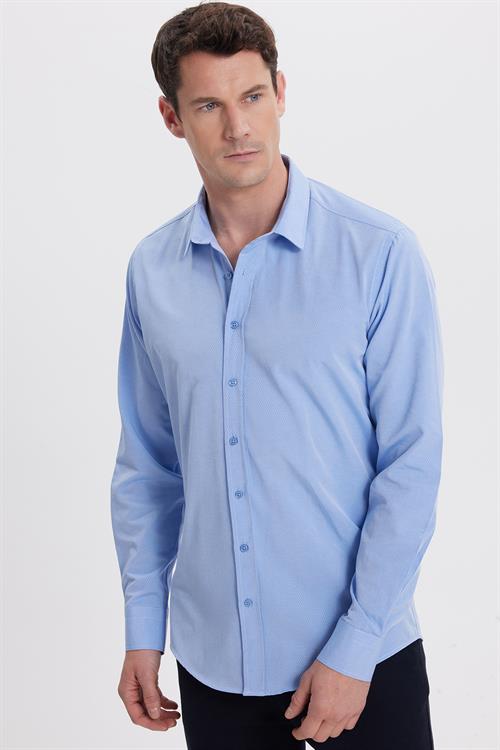 Erkek Modern Fit Dar Kesim Pamuklu Kolay Ütü Armürlü Mavi Gömlek