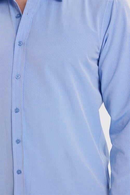 Erkek Modern Fit Dar Kesim Pamuklu Kolay Ütü Armürlü Mavi Gömlek