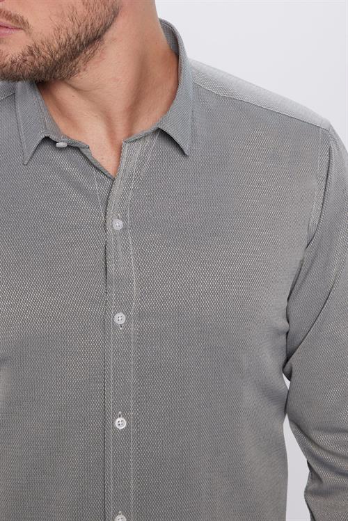 Erkek Modern Fit Dar Kesim Pamuklu Kolay Ütü Armürlü Gri Gömlek