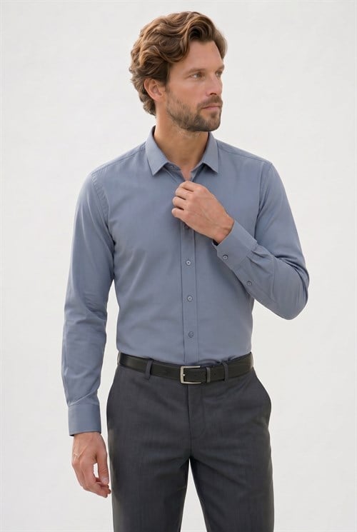Modern Slim Fit Uzun Kollu Pamuklu Kolay Ütü Armürlü Gri Erkek Gömlek
