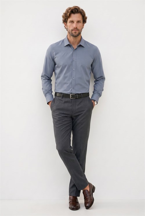 Modern Slim Fit Uzun Kollu Pamuklu Kolay Ütü Armürlü Gri Erkek Gömlek