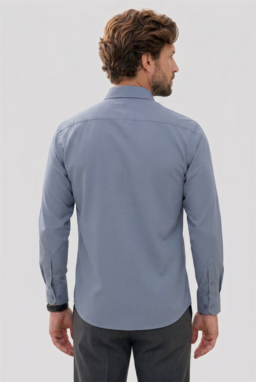 Modern Slim Fit Uzun Kollu Pamuklu Kolay Ütü Armürlü Gri Erkek Gömlek