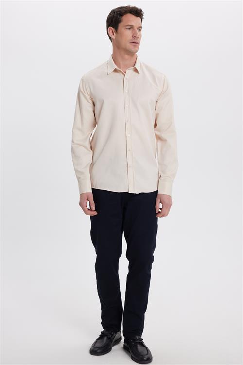Modern Slim Fit Uzun Kollu Pamuklu Kolay Ütü Armürlü Bej Erkek Gömlek