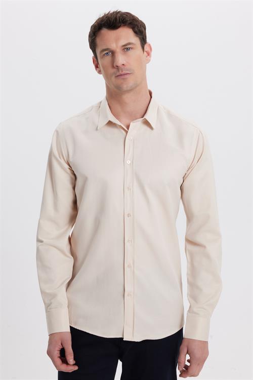 Modern Slim Fit Uzun Kollu Pamuklu Kolay Ütü Armürlü Bej Erkek Gömlek