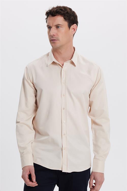 Modern Slim Fit Uzun Kollu Pamuklu Kolay Ütü Armürlü Bej Erkek Gömlek