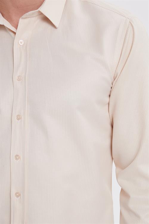 Modern Slim Fit Uzun Kollu Pamuklu Kolay Ütü Armürlü Bej Erkek Gömlek