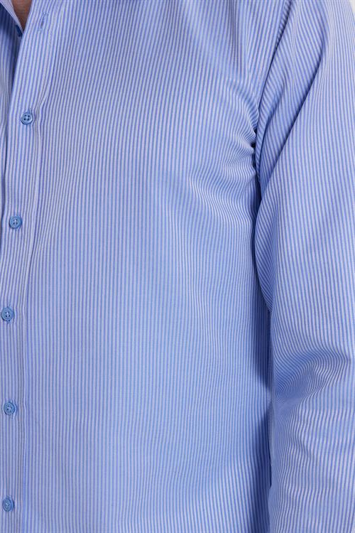 Modern Slim Fit Uzun Kollu Pamuklu Kolay Ütü Armürlü Saks Mavi Erkek Gömlek