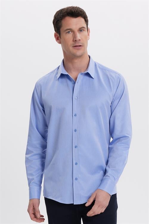 Modern Slim Fit Uzun Kollu Pamuklu Kolay Ütü Armürlü Saks Mavi Erkek Gömlek