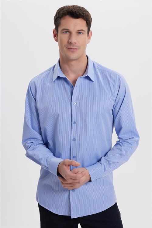 Modern Slim Fit Uzun Kollu Pamuklu Kolay Ütü Armürlü Saks Mavi Erkek Gömlek