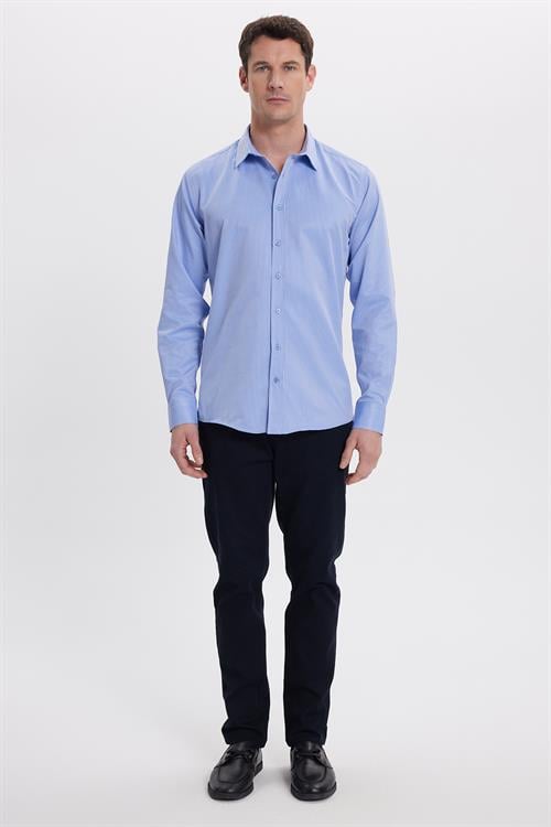Modern Slim Fit Uzun Kollu Pamuklu Kolay Ütü Armürlü Saks Mavi Erkek Gömlek