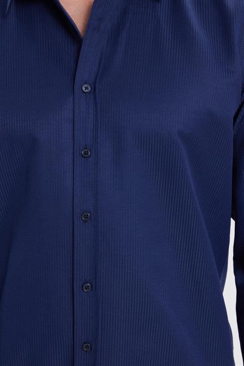 Modern Slim Fit Uzun Kollu Pamuklu Kolay Ütü Armürlü Lacivert Erkek Gömlek