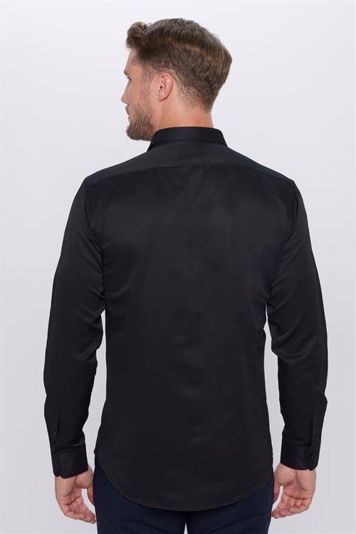 Erkek Modern Fit Dar Kesim Pamuklu Kolay Ütü Armürlü Siyah Gömlek