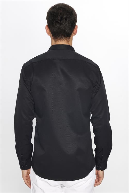 Erkek Modern Slim Fit Dar Kesim Uzun Kollu Pamuklu Kolay Ütü Armürlü Siyah Gömlek