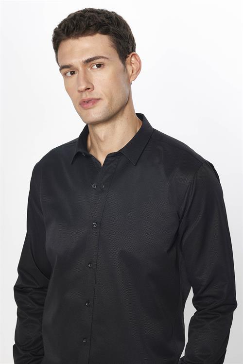 Erkek Modern Slim Fit Dar Kesim Uzun Kollu Pamuklu Kolay Ütü Armürlü Siyah Gömlek