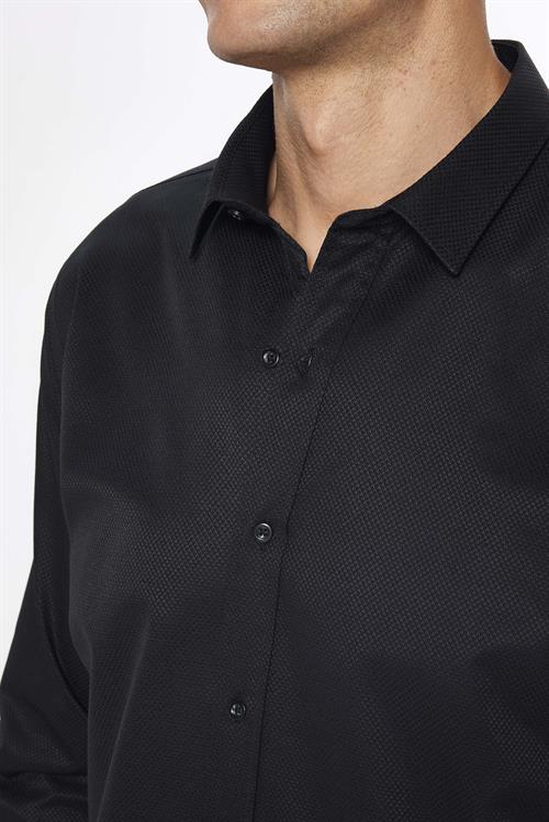 Erkek Modern Slim Fit Dar Kesim Uzun Kollu Pamuklu Kolay Ütü Armürlü Siyah Gömlek